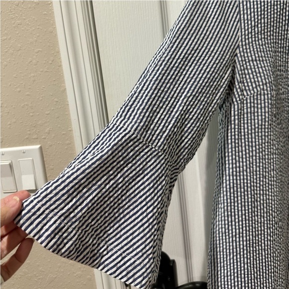 Draper James Blue and White Striped Seersucker Button Up Ruffle Sheath Dress - Picture 4 of 9